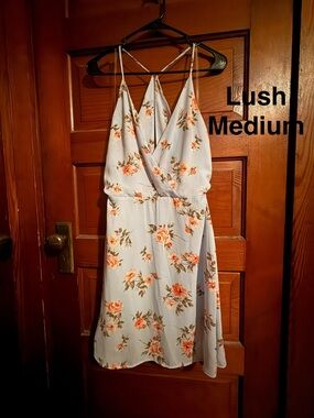 Lush Light Blue Floral Mini Dress with Peach Roses